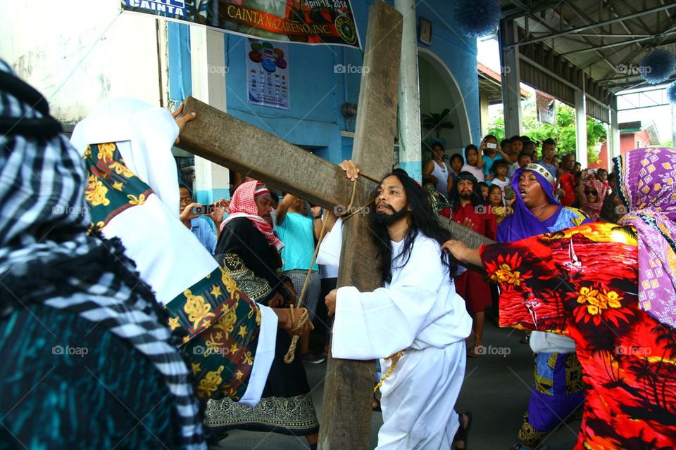 catholic devotees reenact the death of jesus christ on good friday during holy week in cainta, rizal, philippines, asia