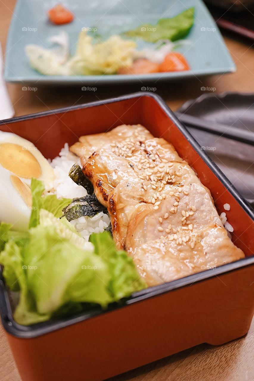 Donburi or Japanese charcoal grilled pork with rice. Soft focus on the sauce topping and sesame.