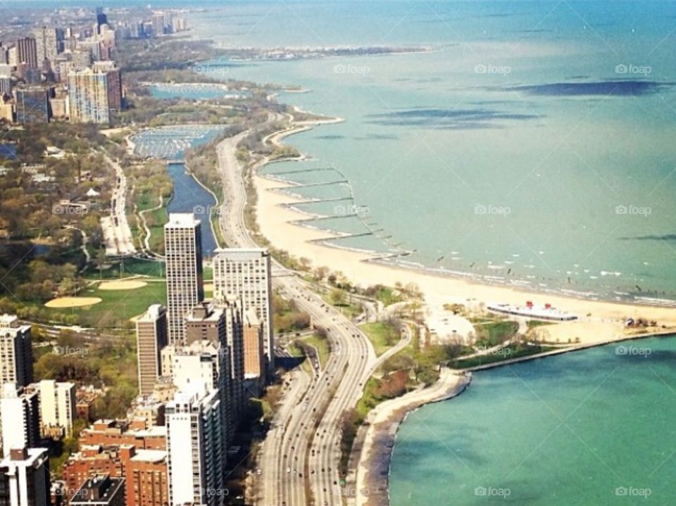 Lakeshore Drive. The view of Lakeshore Drive and Lake Michigan from the observatory in the John Hancock building. 