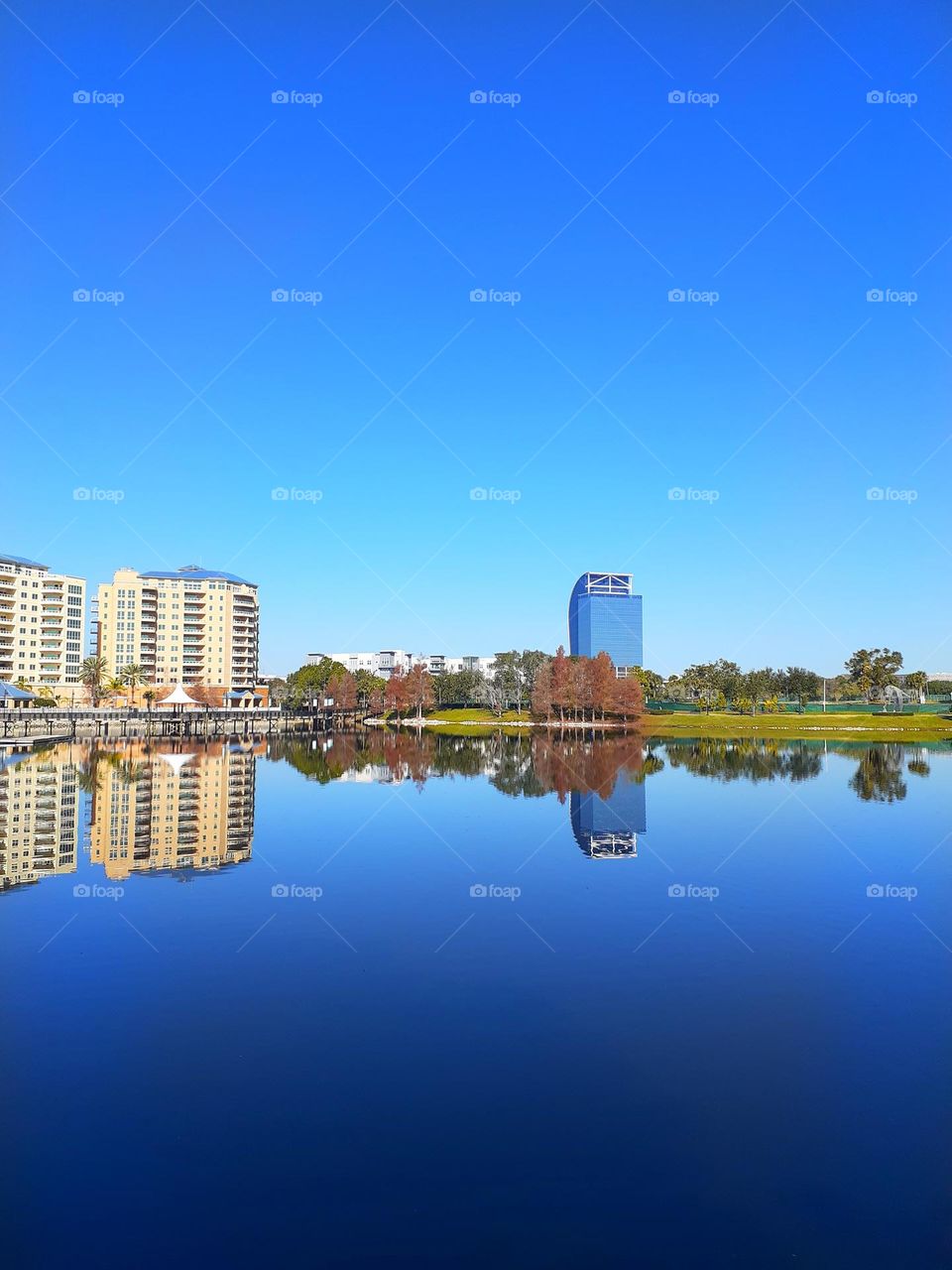 A lakescape view of Cranes Roost Park showing the lake, the bridge on one side, and surrounding buildings.