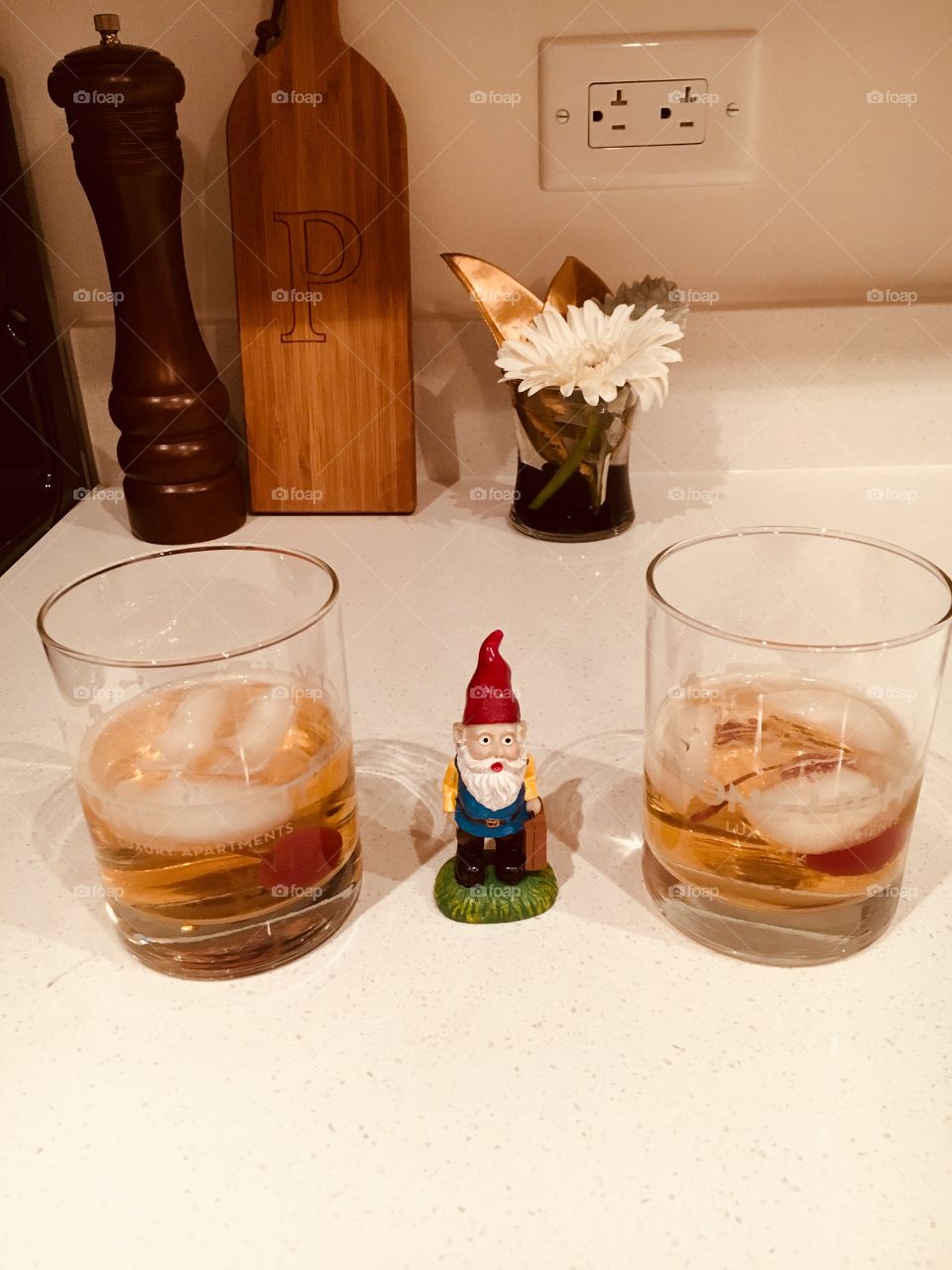 Gnomey getting settled into his new KC house with homemade old fashioned(s). Luxardo luxury and smooth Bullet