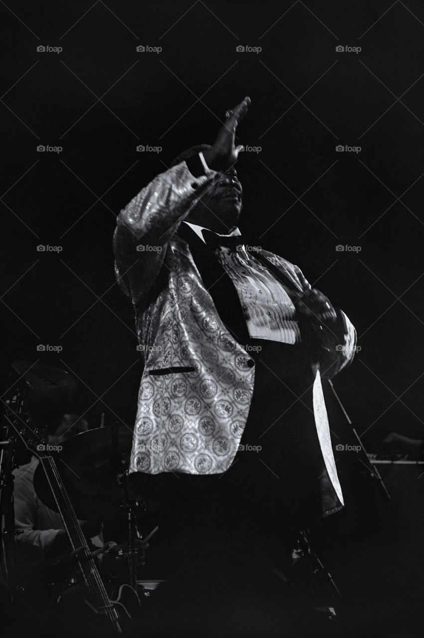 10 March 1996, the legendary Blues Boy, B. B. King performing at the Arena Hall in Poznan, Poland. American blues guitarist and singer-songwriter. Archival image could have imperfections as it is digital reproduction from b&w negative. Editorial use.