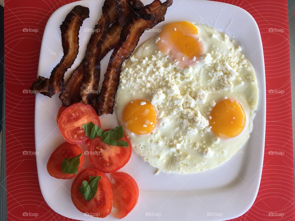 Eggs feta cheese bacon and tomato healthy healthy breakfast
