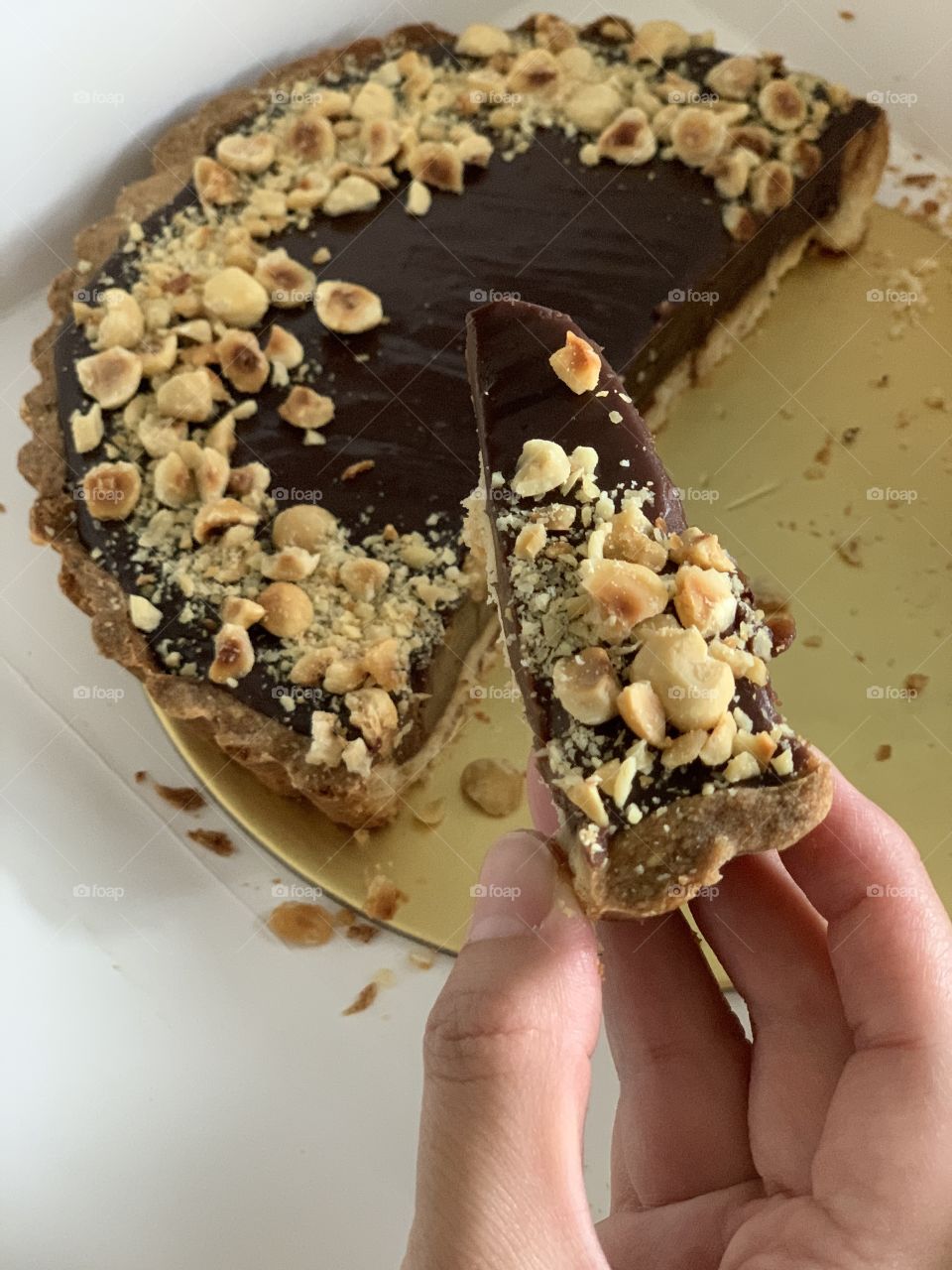 Hazelnut Nutella chocolate tart sliced up 