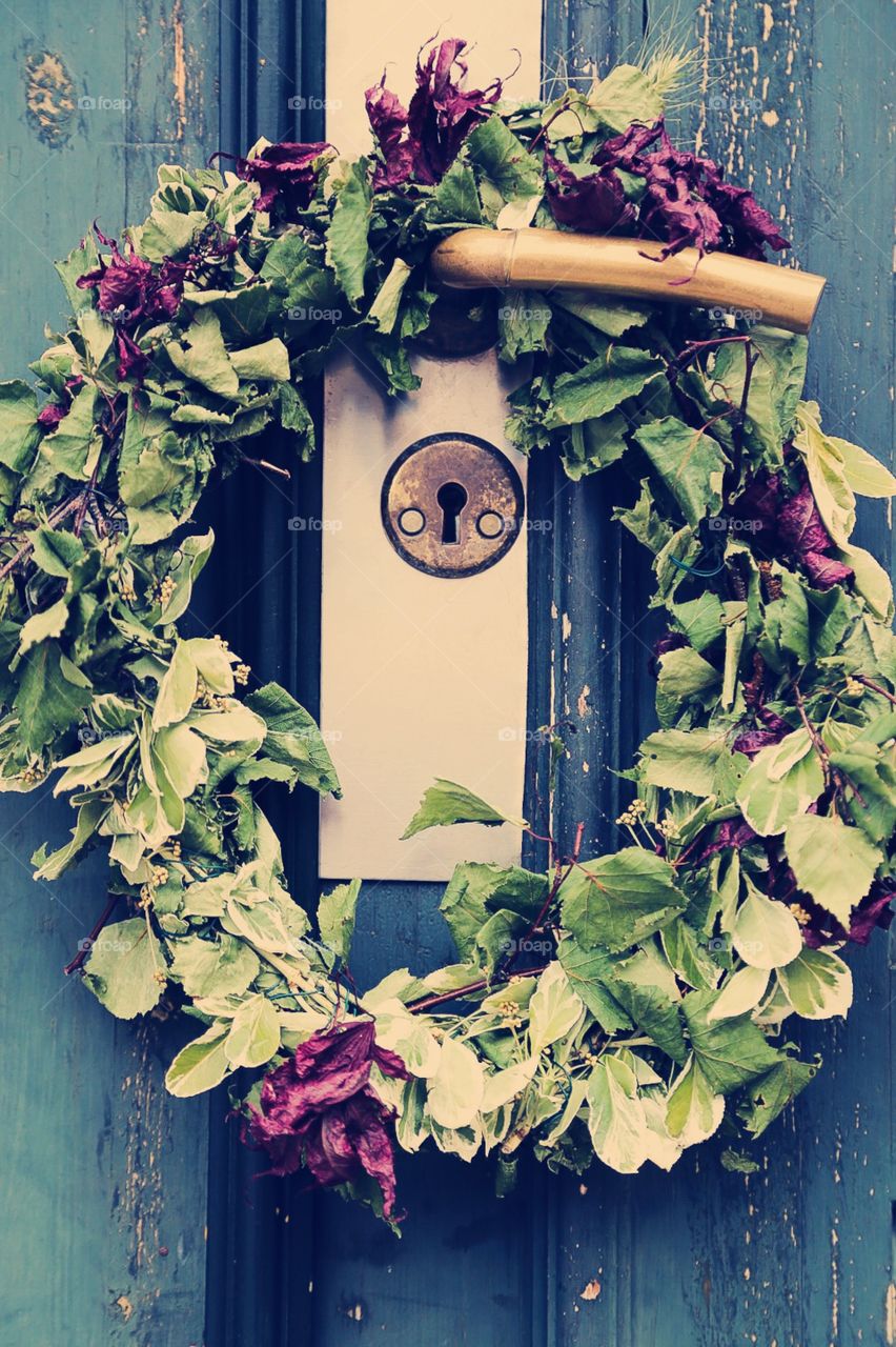 The door to romance. Flowers on the door