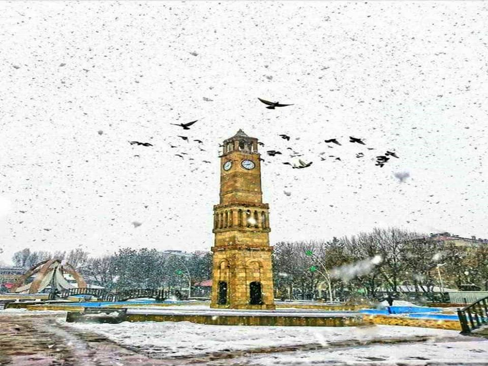 photo of clock tower and birds in snowfall