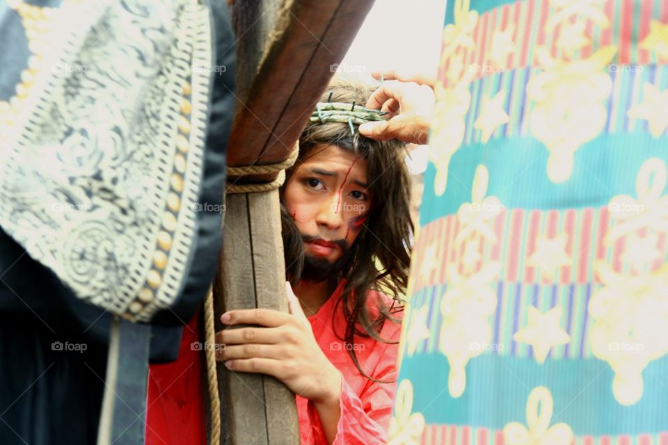 catholic devotees reenact the death of jesus christ on good friday during holy week in cainta, rizal, philippines, asia