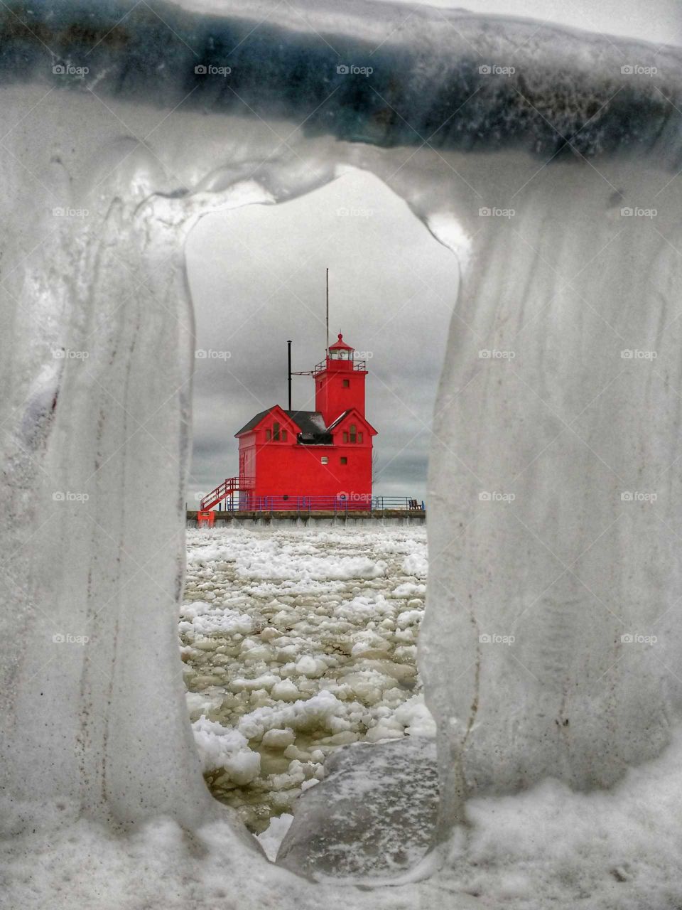 Holland lighthouse in the ice