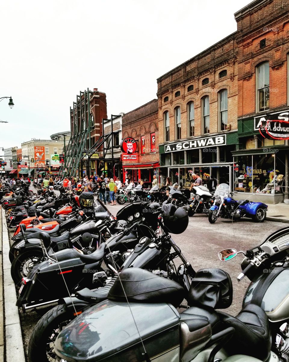 Rows of motorbikes line the streets of historic Beale street in Memphis Tennessee