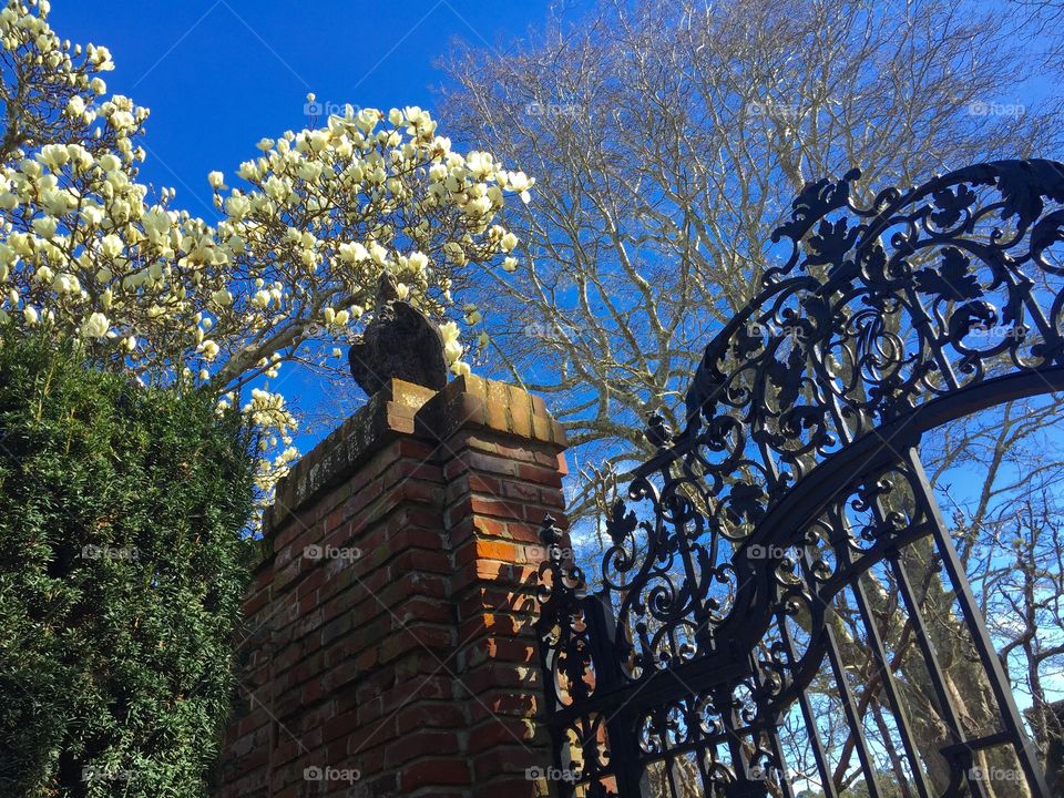 Garden gate post at Filoli House and Gardens in Woodside, California.