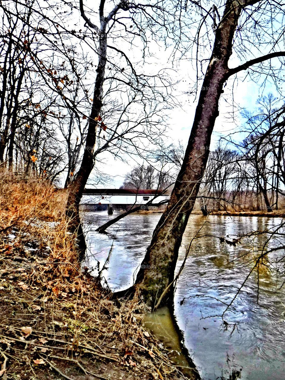 Old covered bridge on a winter day in Noblesville, Indiana 