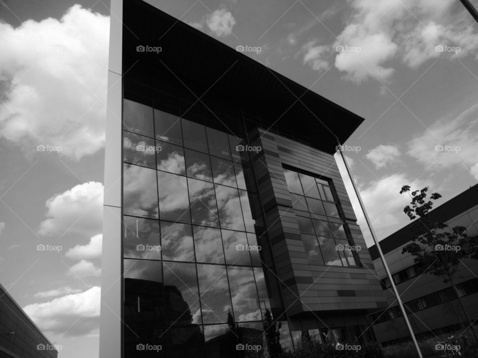 black and white architecture. modern glass building in English Campus