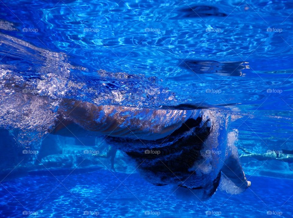 Underwater photo in a pool with swimmer that just dove in the water.