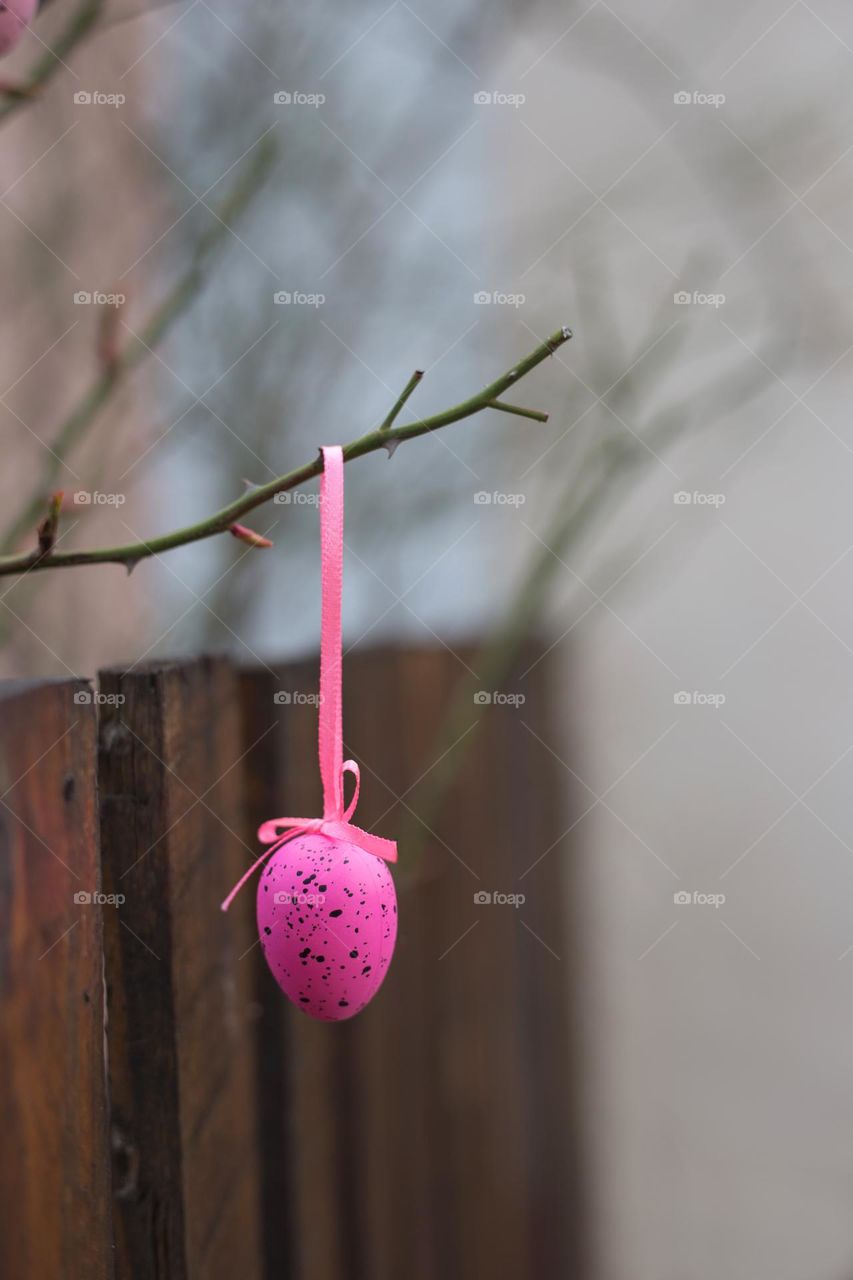 Pink Easter egg hanging on the tree