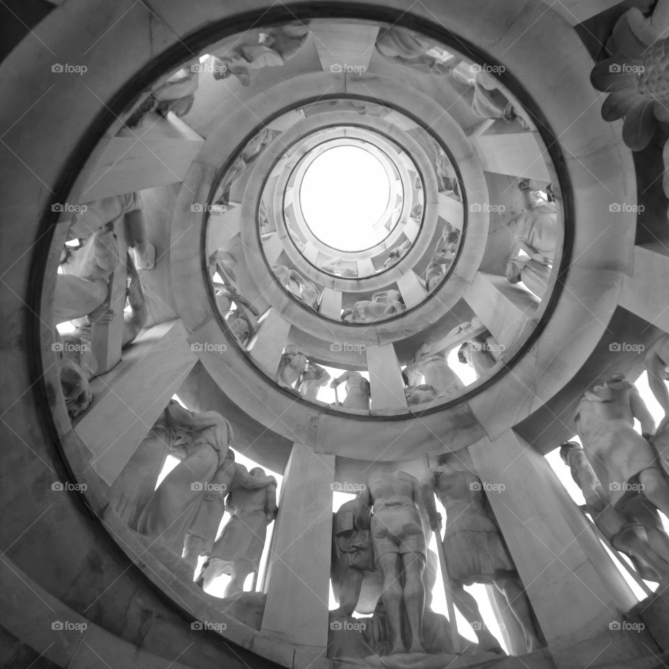 View from inside the tower depicting the Via Crucis, a sculptural work by Giannino Castiglioni