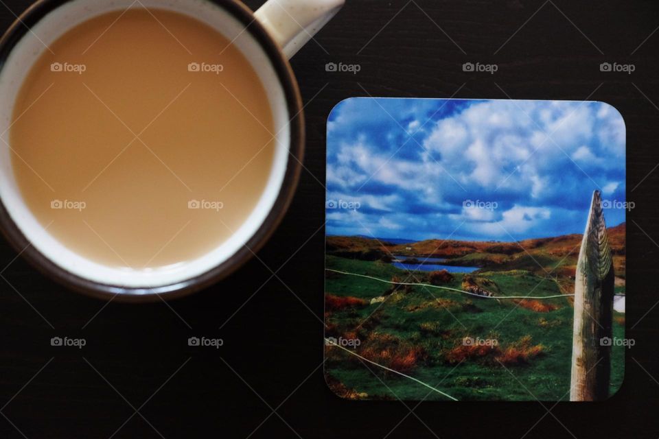 Coffee in reusable cup, decorative coaster, Scotland portrait coaster, homemade coffee and coaster 