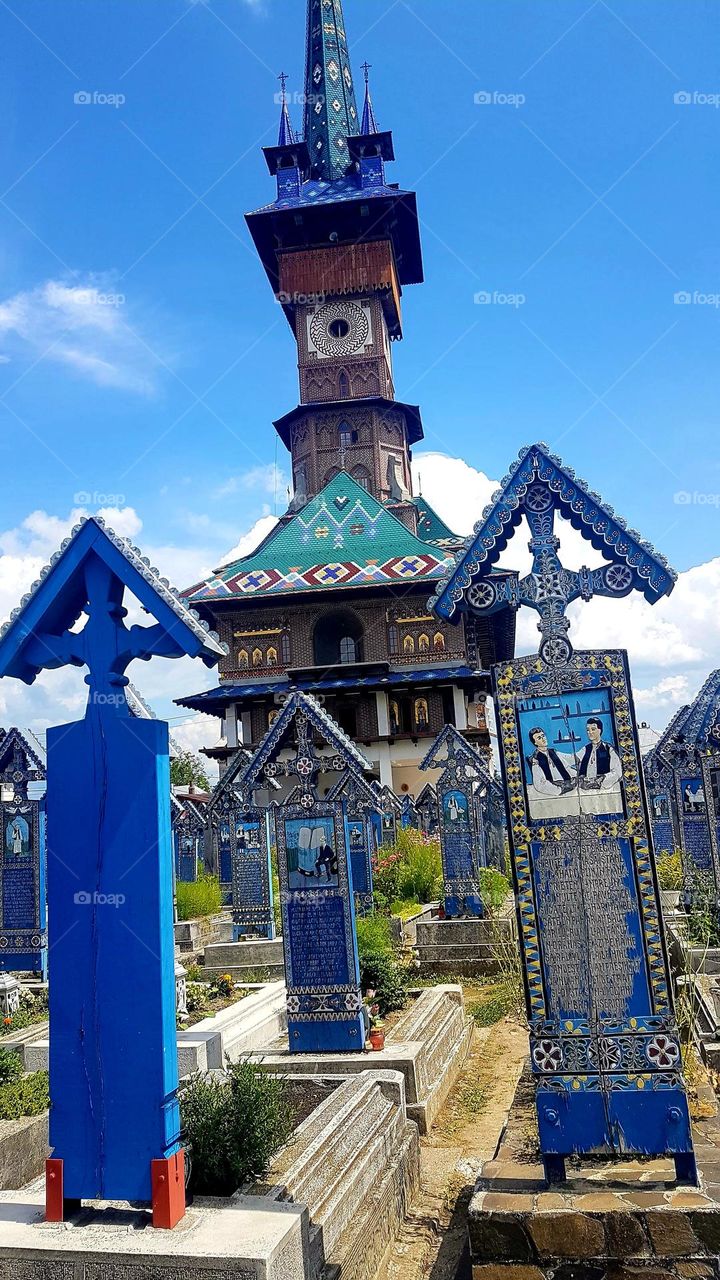 multiverse of blue crosses with poems, Săpânța cemetery, Romania