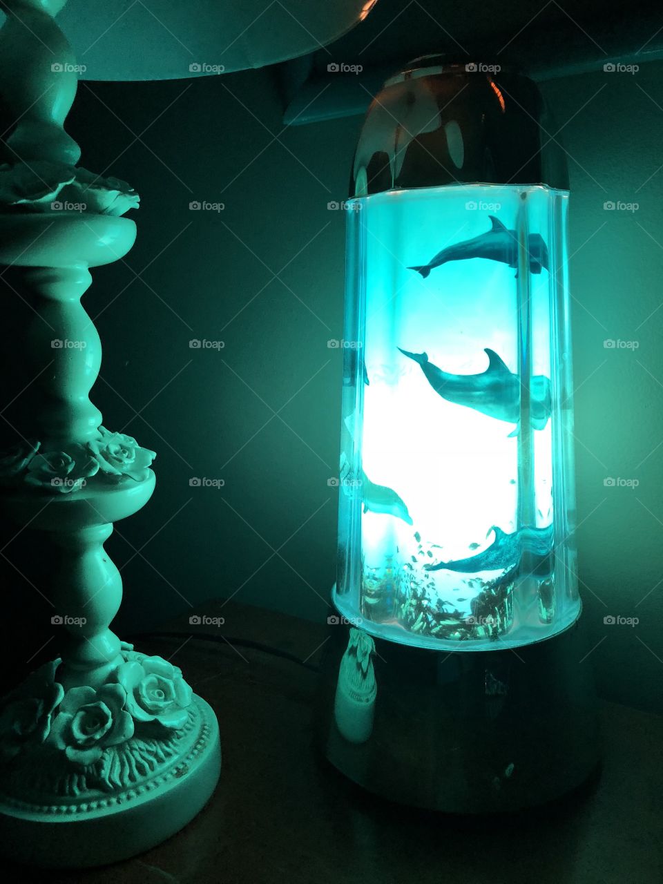 Dolphin night light and a lamp on top of a dresser