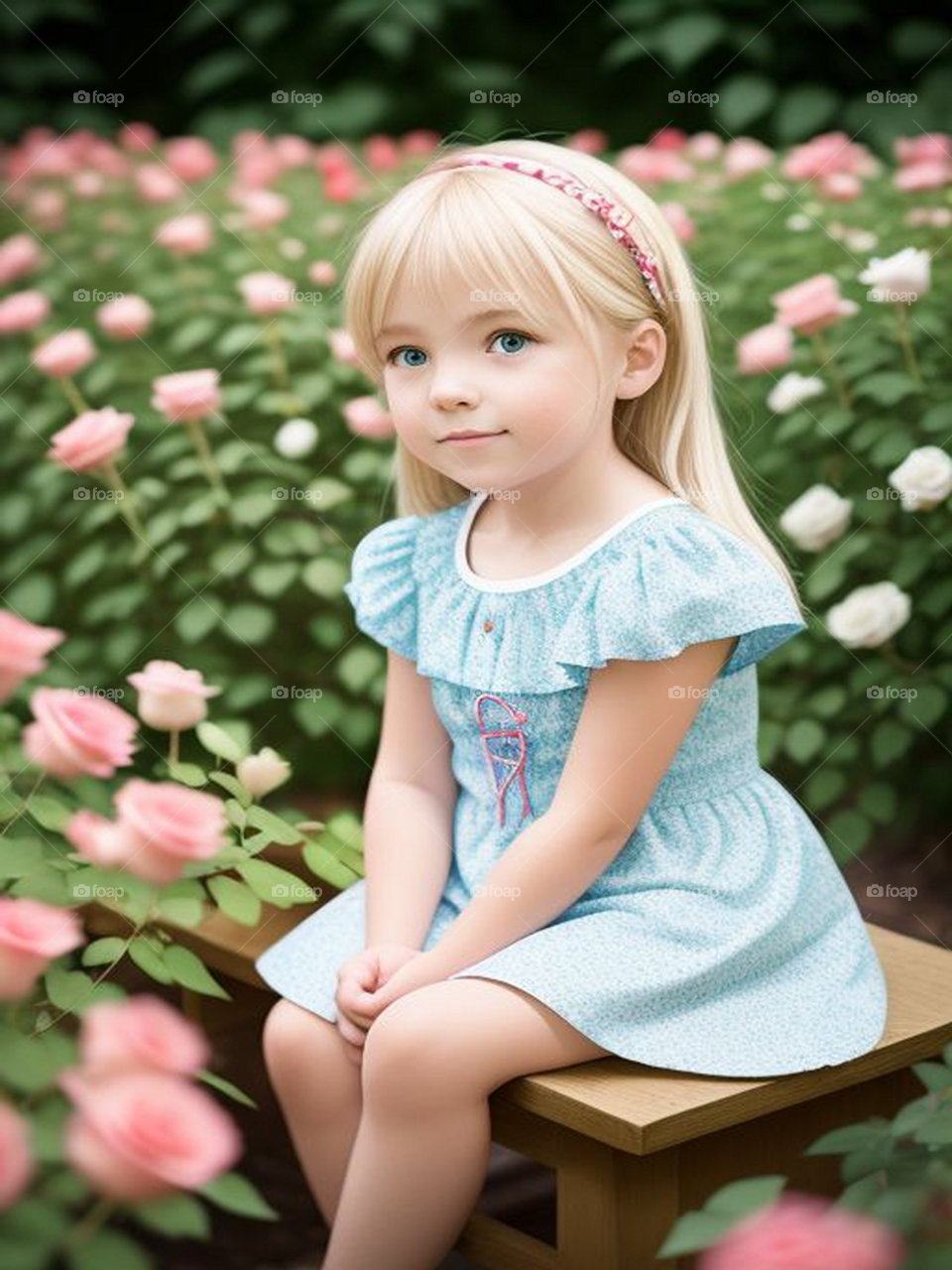 Beautiful blonde baby girl in the garden with a beautiful view of roses