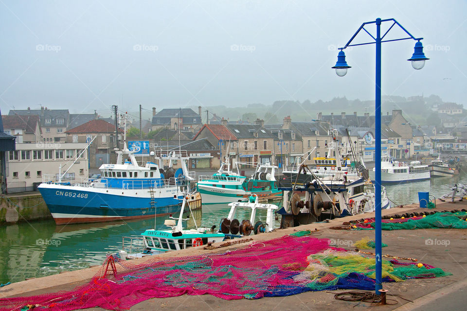 colourful fishing nets in a port, France, Port-en-Bessin