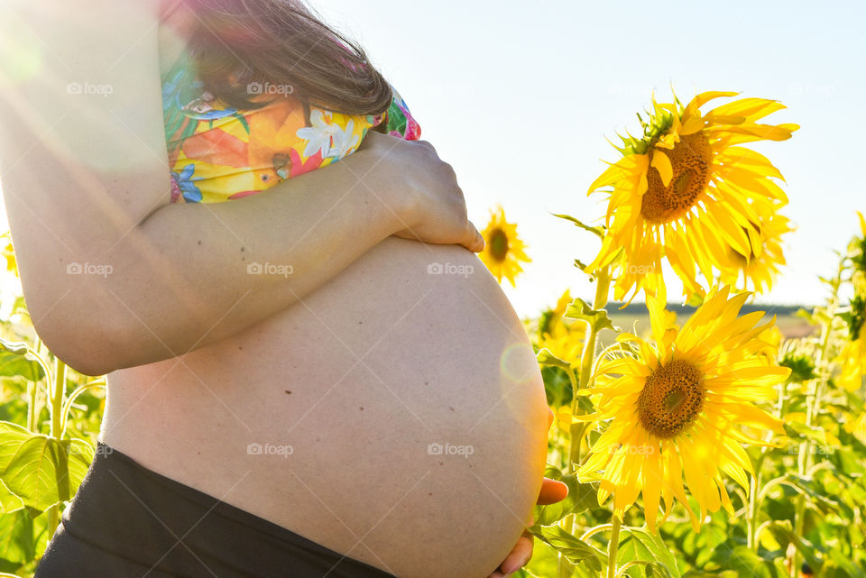 Pregnant women standing in sunflower field