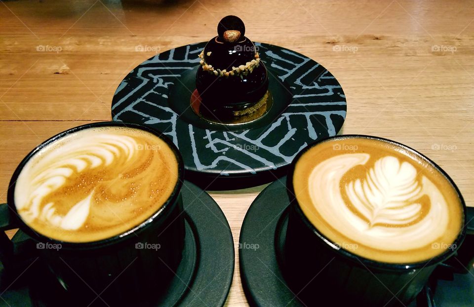 Flat white coffee and dessert