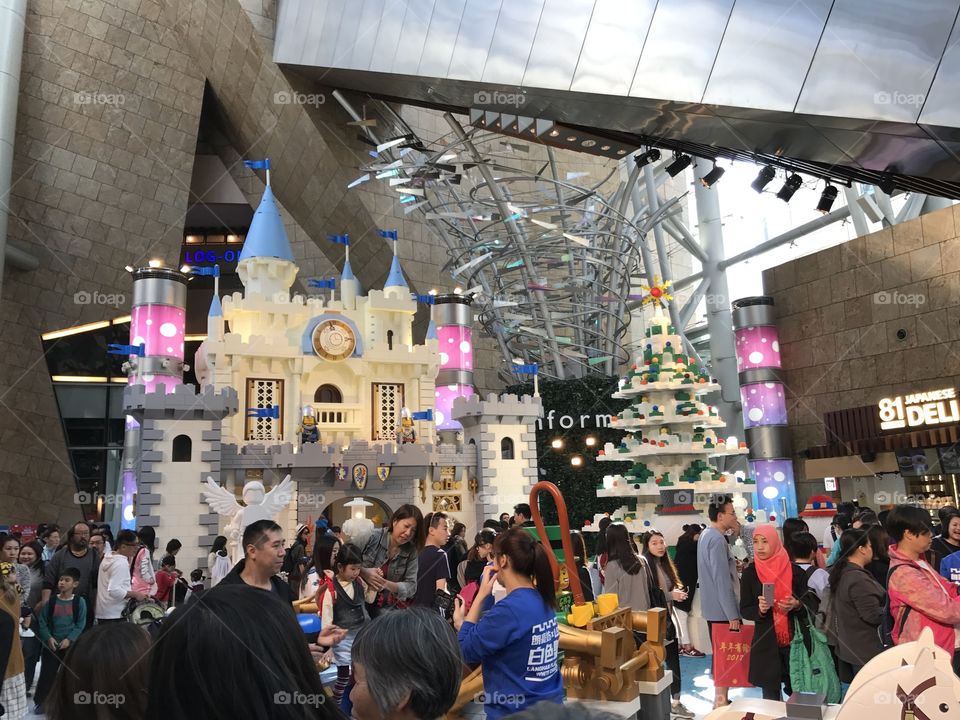 Holidays, shopping mall with Christmas decorations, lego, snowman, Hong Kong 