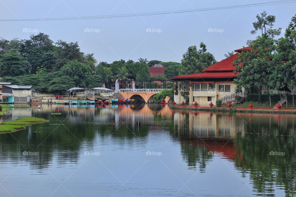 water reflection on a pond, inside the Indonesia Miniature Garden in Jakarta, Indonesia