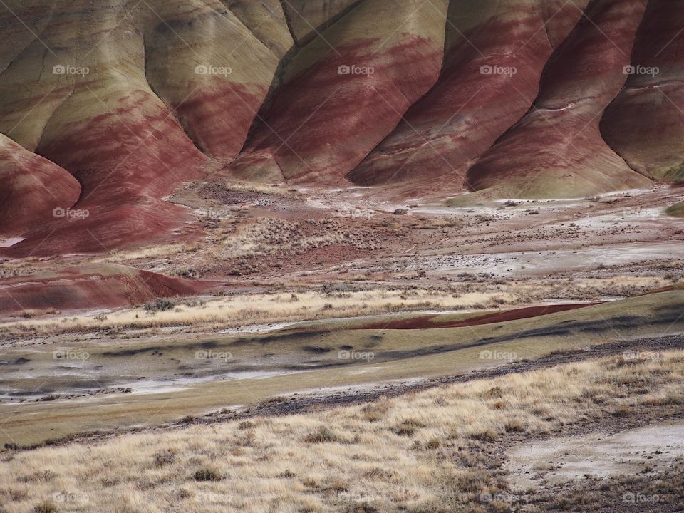 The incredible beauty of the red, gold, and browns of the textured Painted Hills in Eastern Oregon on a bright sunny day.