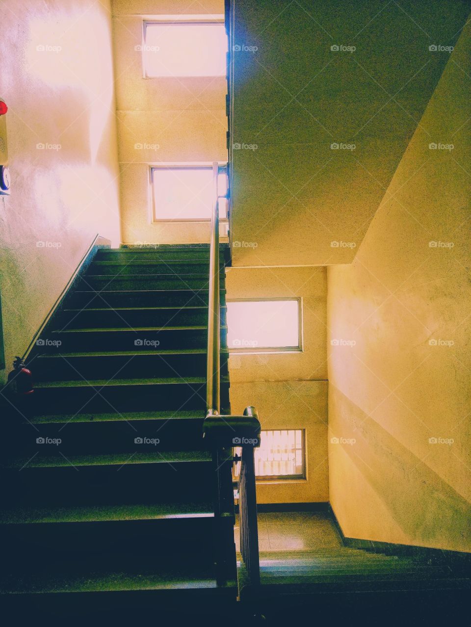 the lines and shapes of the windows and stairs inside home.