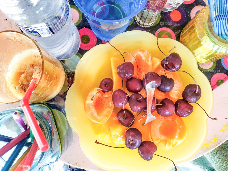 a morning breakfast with coffee and fruits