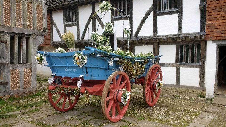 cart, wheels, flowers , wedding, architecture, old, building, white, history
