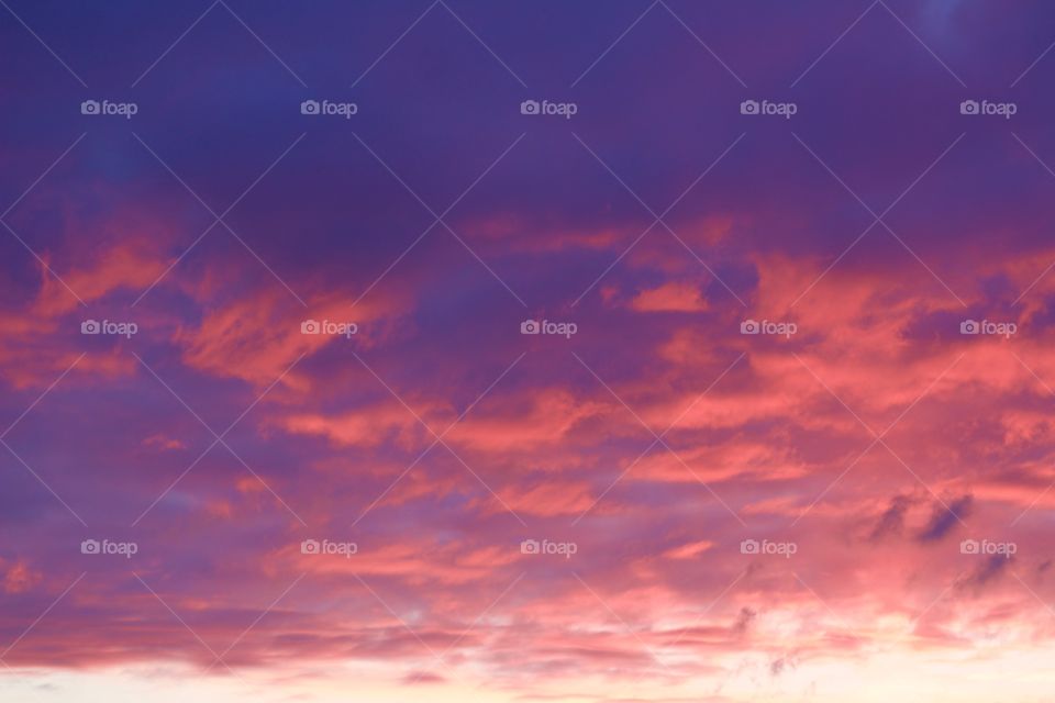 Deep purple and bright peach-colored clouds illuminated by the sun at golden hour