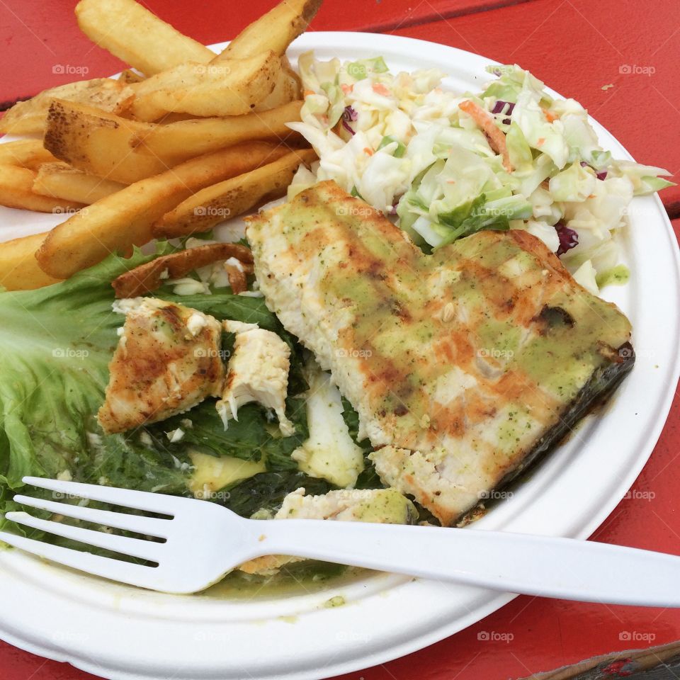 A delicious meal of Sword Fish caught in the California coast. It was AMAZING 10/10 would recommend trying it