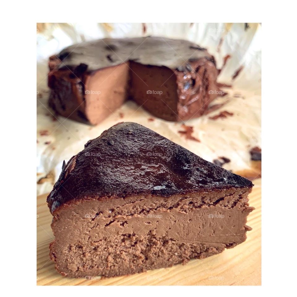 Homebaked Dark chocolate basque burnt cheesecake so oozing with cheesy goodness 