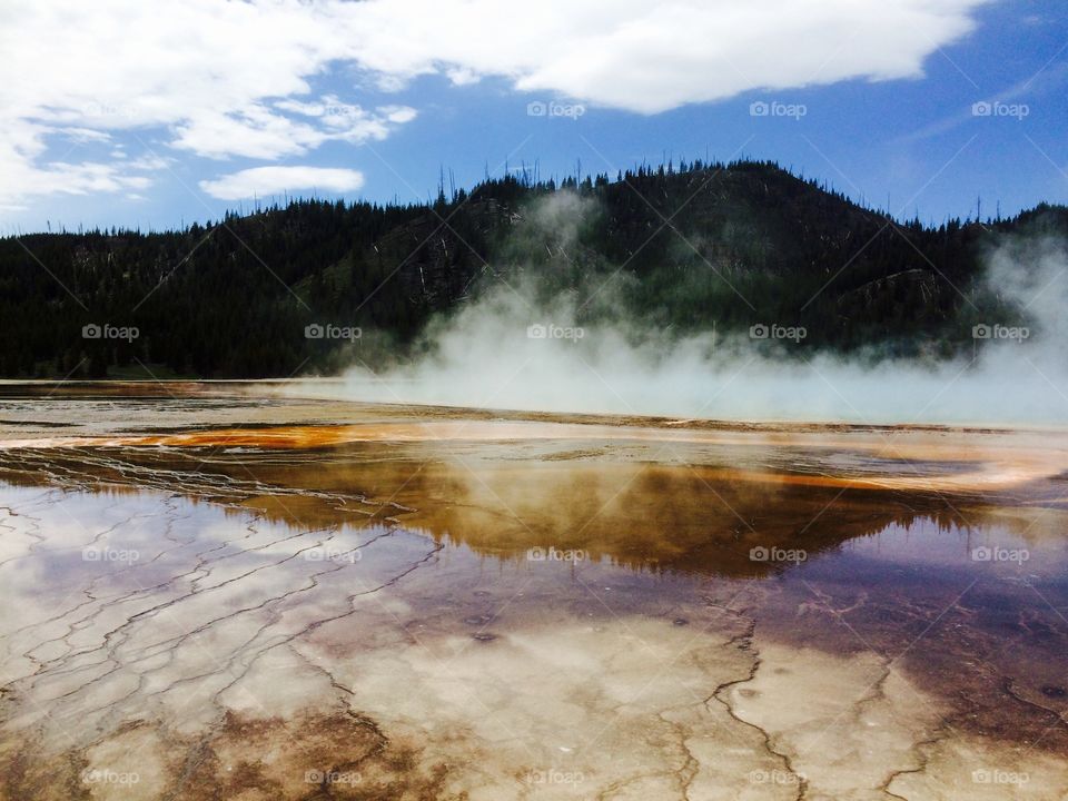 Beauty reflected. Mountains reflected in Yellowstone geyser pool