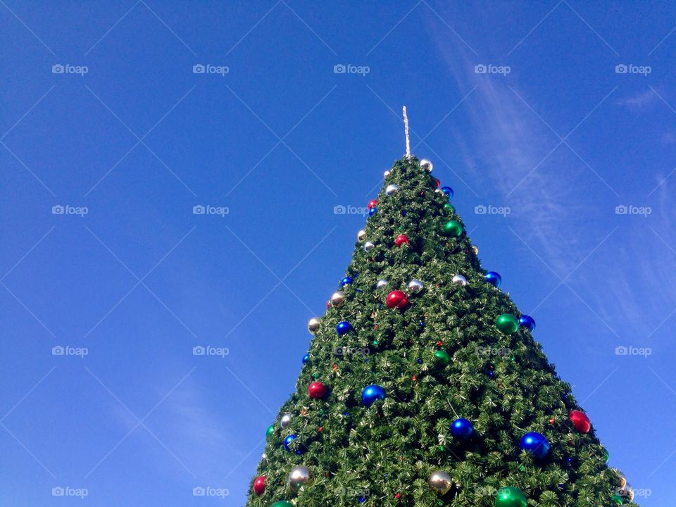 Christmas tree against a blue clear sky