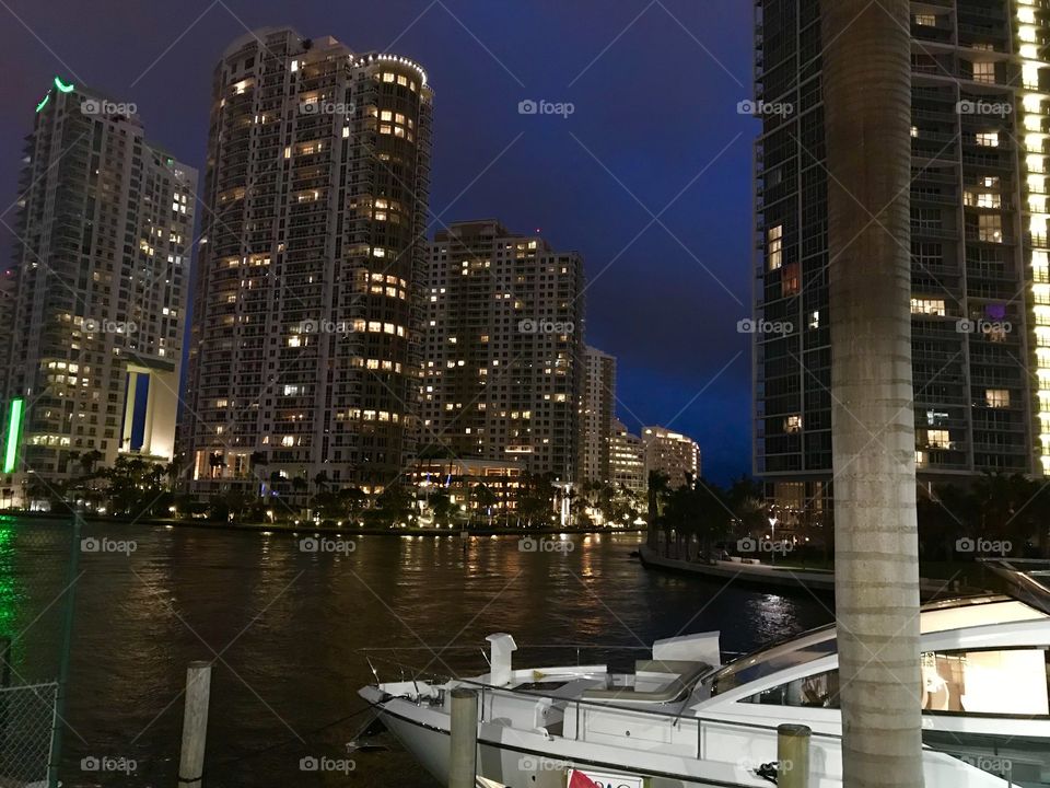Night on the Miami River, downtown Miami, FL