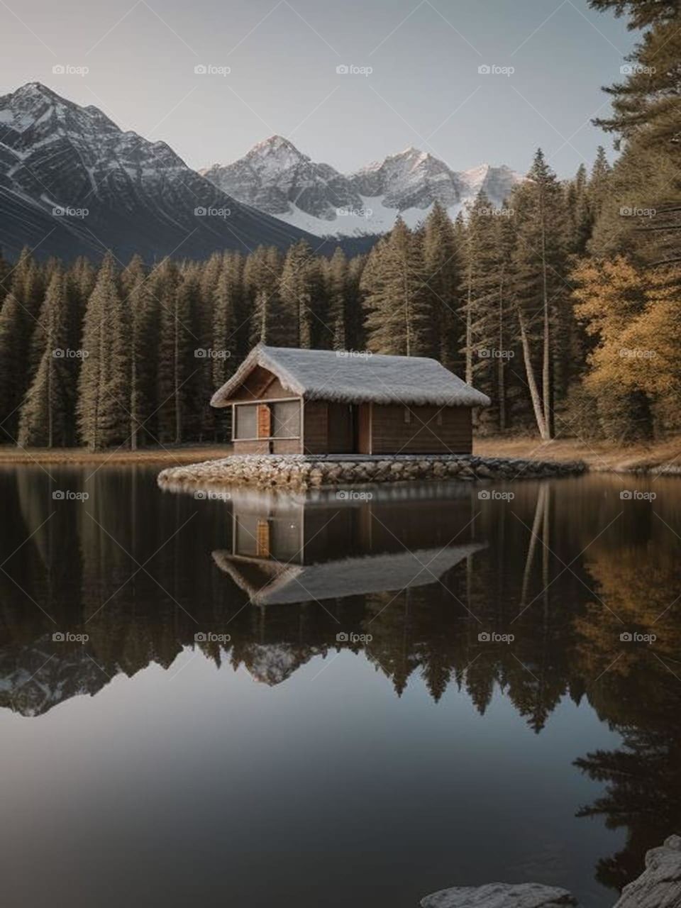 Paysage d'une cabane au bord d'un lac