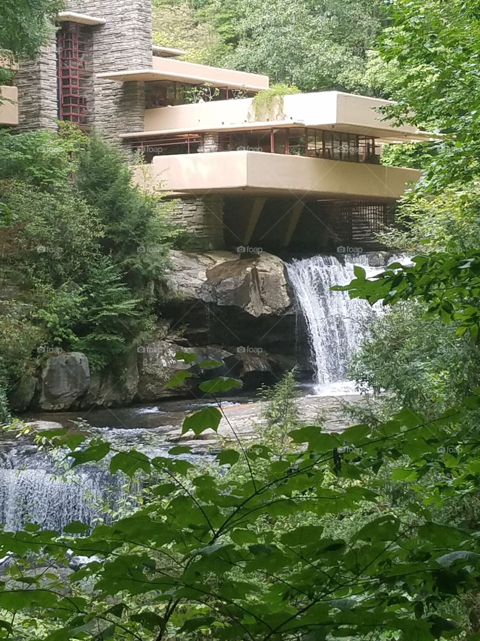 This photo is a side view of Fallingwater, a house designed by architect Frank Lloyd Wright. The house was built over a river, which flows below the living room, and has a waterfall cascading down the side.