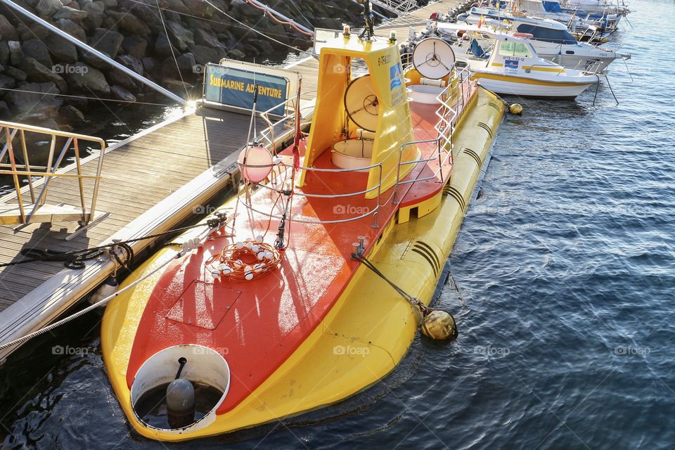 Yellow submarine in harbour in Canary Island resort, Spain, Europe