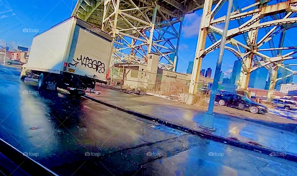 Atop this gridwork the “Brooklyn Queens Expressway” winds its way thru Long Island City, Queens. We usually pass underneath it on “Borden Ave” to get to the “Pulaski Bridge” and “Newtown Creek” where we live. 2022. Hypnotic Productions