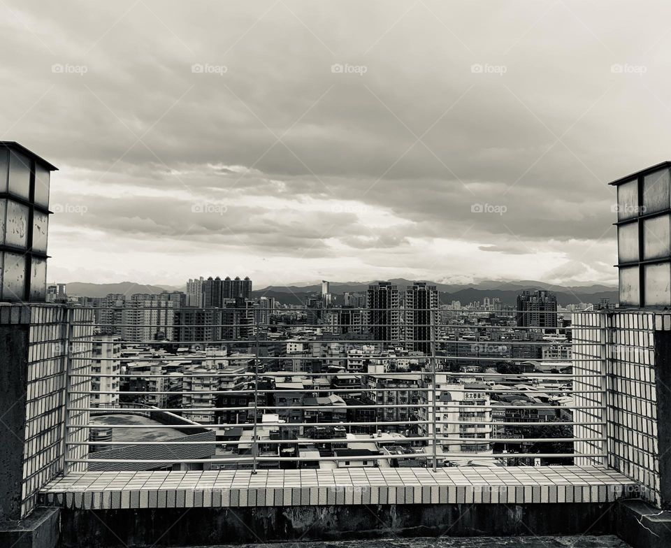 City from the rooftop in black and white 