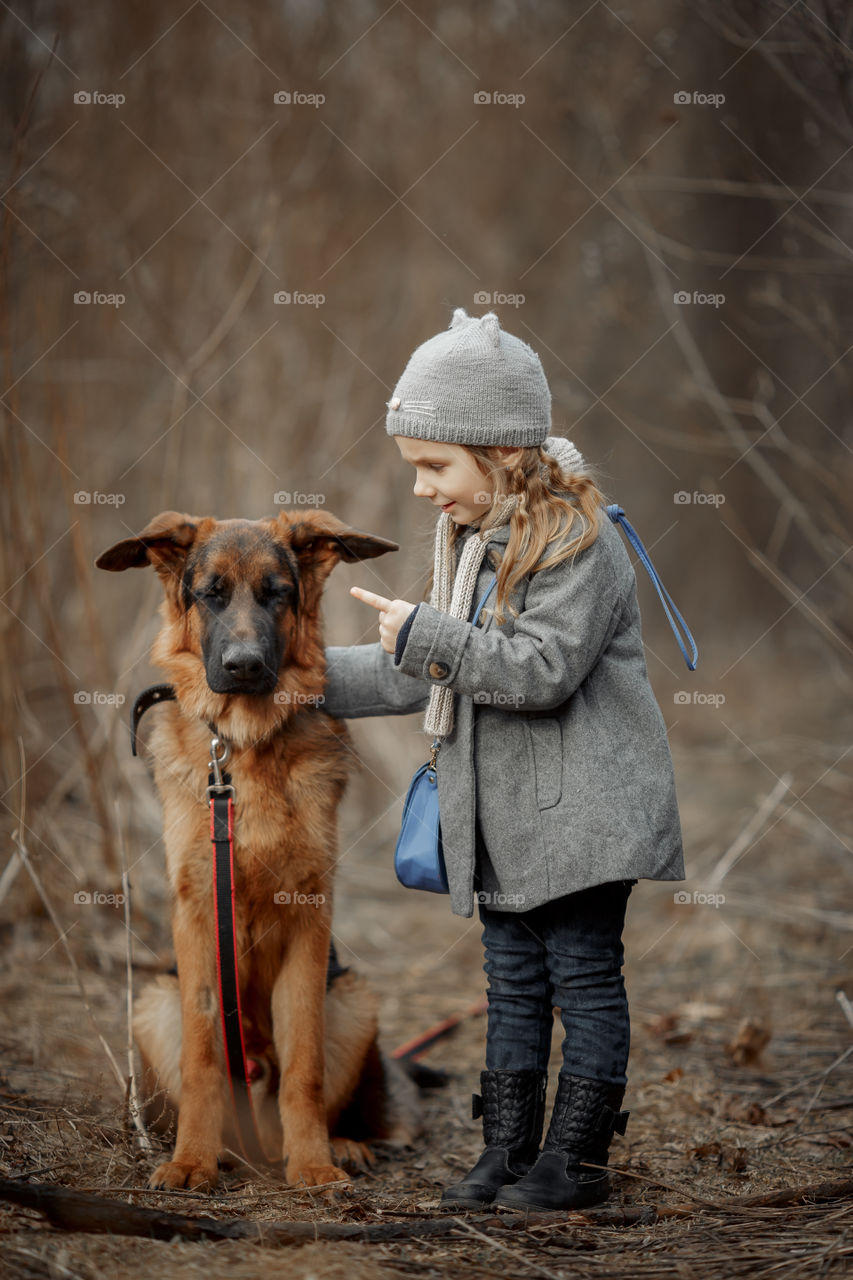 Little girl with German shepherd young male dog walking outdoor at spring day