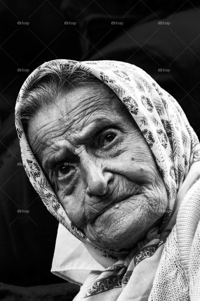 black and white old grandma emotion portrait