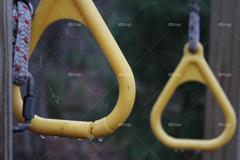 yellow rings for exercise covered in dew.  spiderweb.