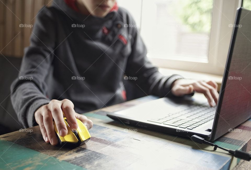 Computer Human hand table  indoors close-up window