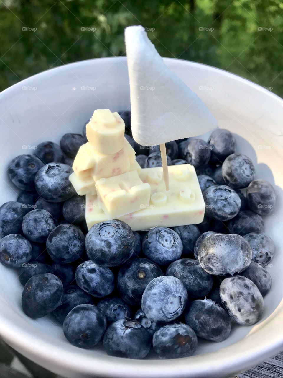 Adorable yummy white chocolate mold sitting on sugar sailboat on top of a blueberry sea! 