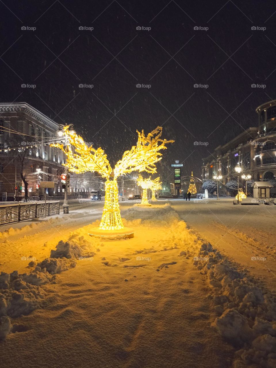 Alley of fire trees in the snow