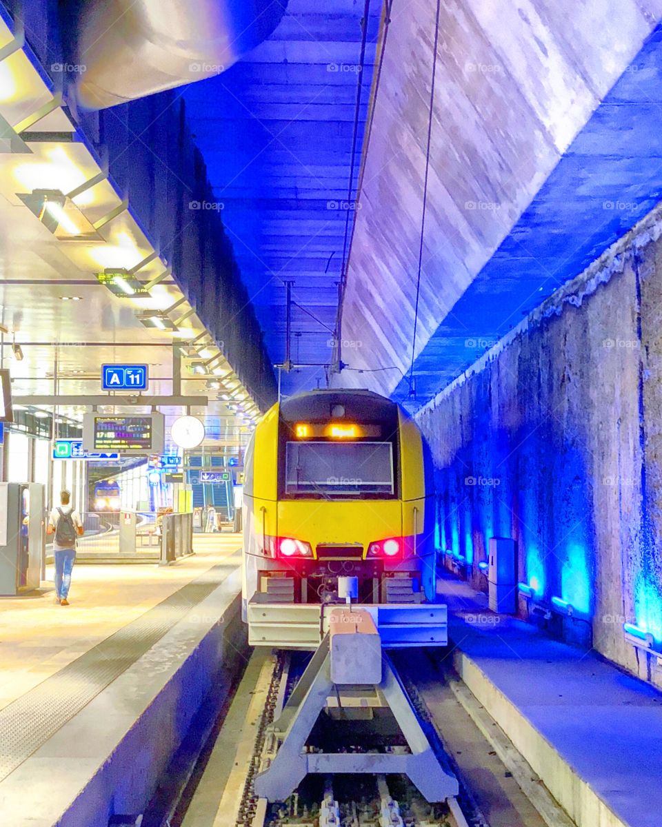 Train waiting in Antwerp central railway station , Belgium 